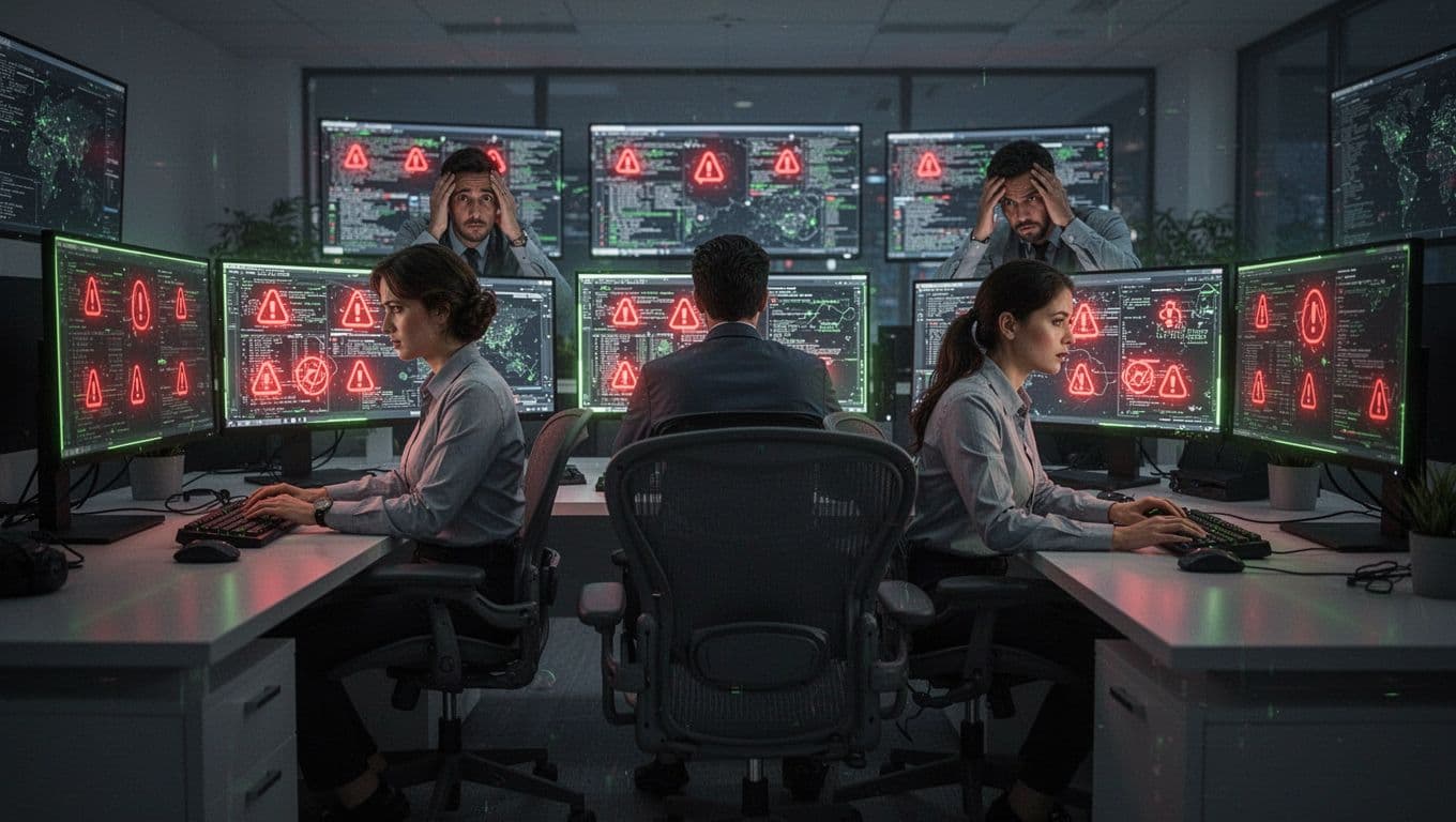 Modern illustration of a cybersecurity operations center with three stressed analysts at screens showing red alerts accented in green, and one empty chair in the foreground emphasizing talent shortage.