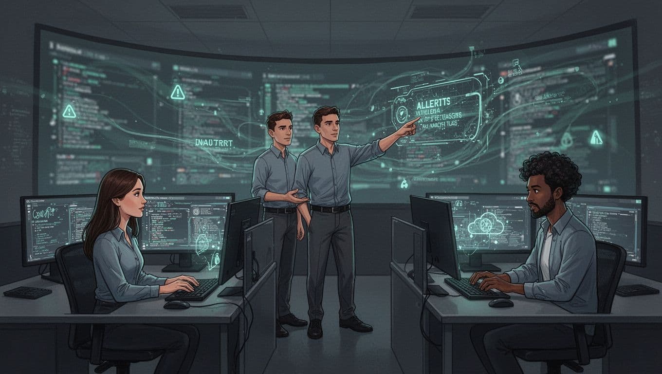 Modern illustration of three cybersecurity professionals—a female SOC analyst monitoring screens, male security engineer pointing at alerts, and diverse cloud specialist typing—in a high-tech security operations center with curved screens displaying data flows and green-accented alerts.
