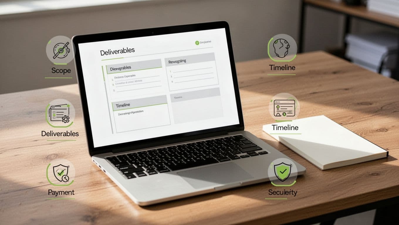 Modern illustration depicting a customizable cybersecurity consulting SOW template open on a laptop screen, surrounded by icons for scope, deliverables, timeline, payment, and security clauses in clean shapes with green accents. Set on a desk with one laptop, one notepad, soft office lighting, no people, no text, no watermarks.
