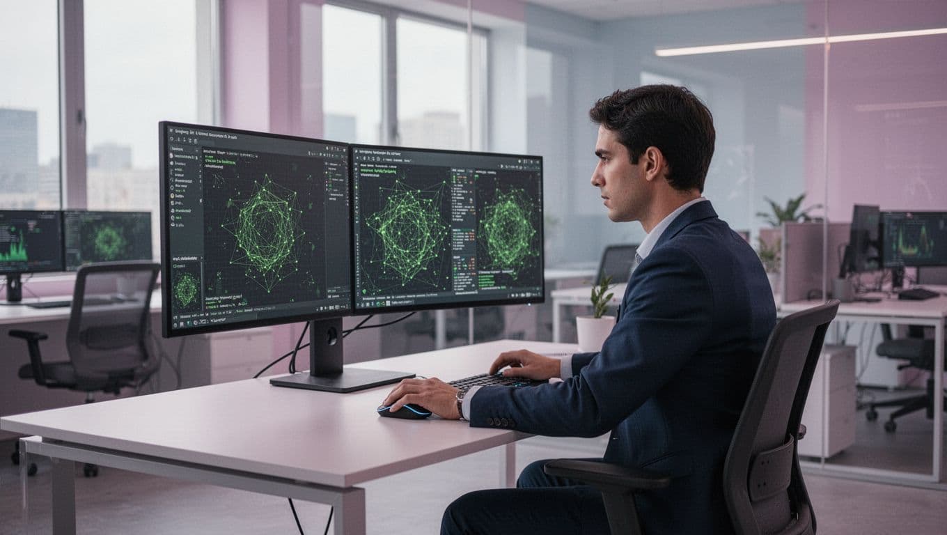 Cybersecurity professional at desk reviews vulnerability reports on dual monitors, hand on mouse, focused expression.