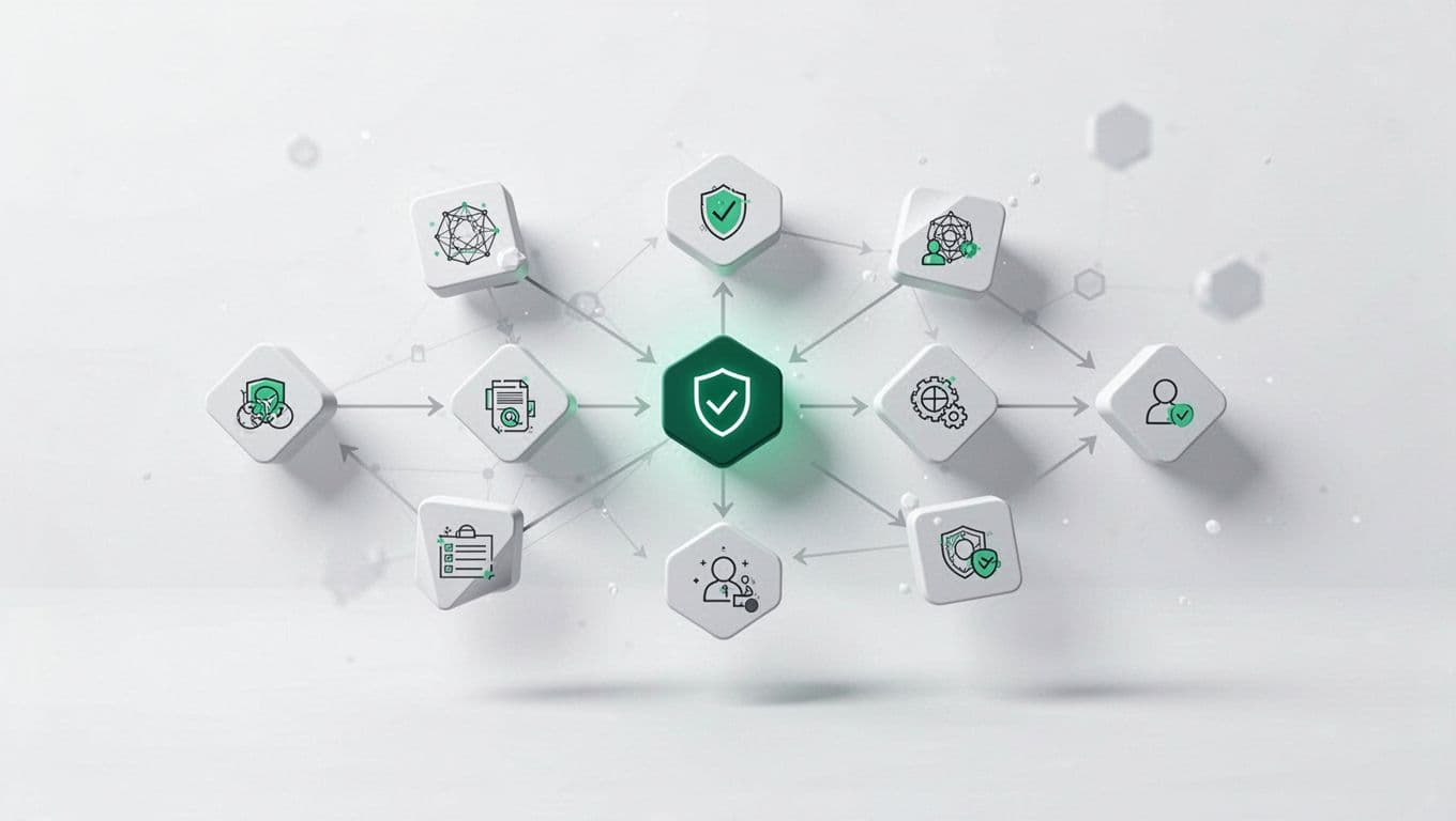 Modern illustration of a flowchart or decision tree outlining the process for hiring temporary cybersecurity staff, featuring icons for vetting, certifications, time-to-fill, and remote work, with clean shapes and green accents on a white background.