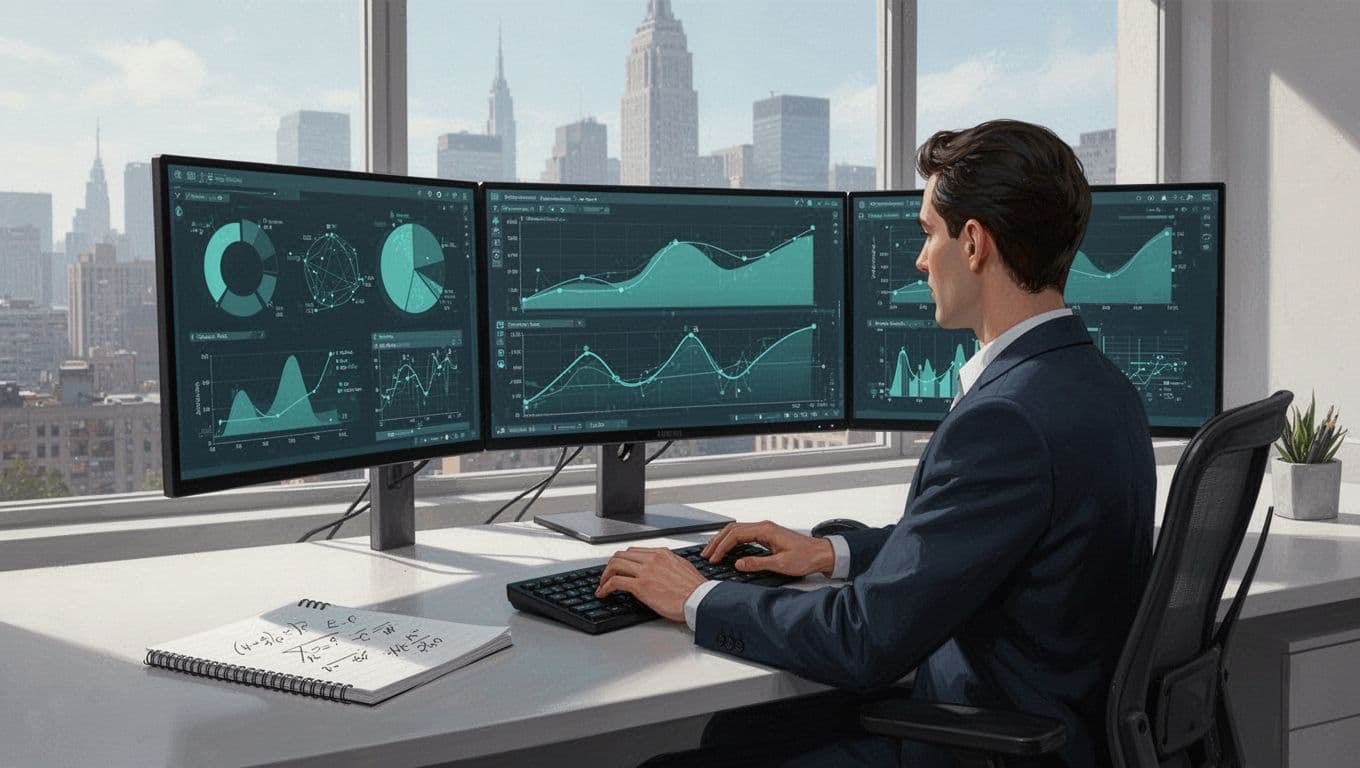 Cybersecurity professional at modern desk with dual monitors showing abstract staffing charts and risk matrix, notepad with formulas, city view window.