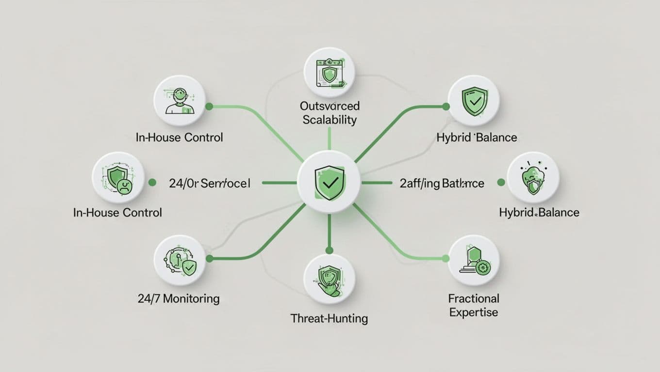 Modern illustration visualizing cybersecurity staffing models as connected nodes: in-house full control, outsourced scalability, hybrid balance, MSSP 24/7 monitoring, MDR threat hunting, fractional expertise bursts, with pros and cons bubbles linked by green lines on a neutral background.