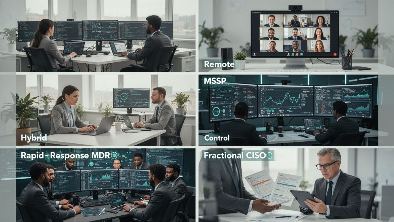 Modern clean illustration of six cybersecurity staffing models in a grid: in-house team, outsourced video call, hybrid office, MSSP dashboard, MDR response team, and fractional CISO, with green accents on light background.