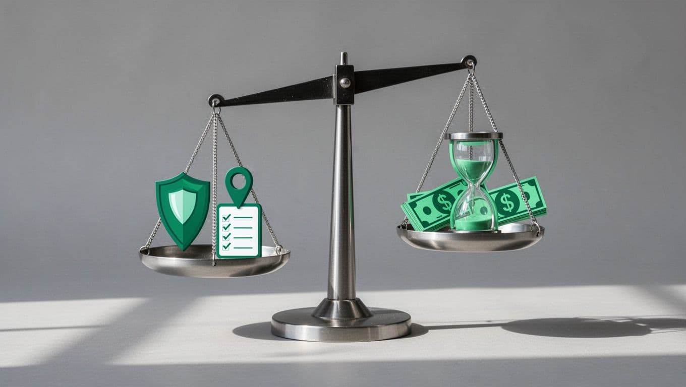 Modern illustration of a slightly tipping balance scale with security shield, location pin, and compliance checklist on the left side, and dollar bills with hourglass on the right, highlighting factors influencing cybersecurity staffing costs.