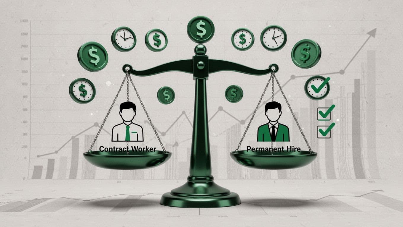Modern illustration of balanced scales comparing contract worker and permanent hire pricing in cybersecurity staffing, featuring dollar signs, clocks for billable hours, checklists, and charts on a neutral background.