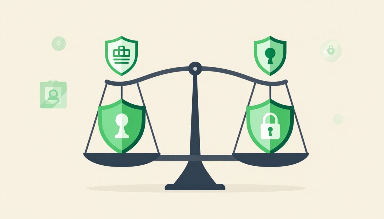 Modern illustration featuring scales balancing candidate quality and speed, surrounded by cybersecurity icons like shields and locks, using a clean design with a neutral background and green highlights.