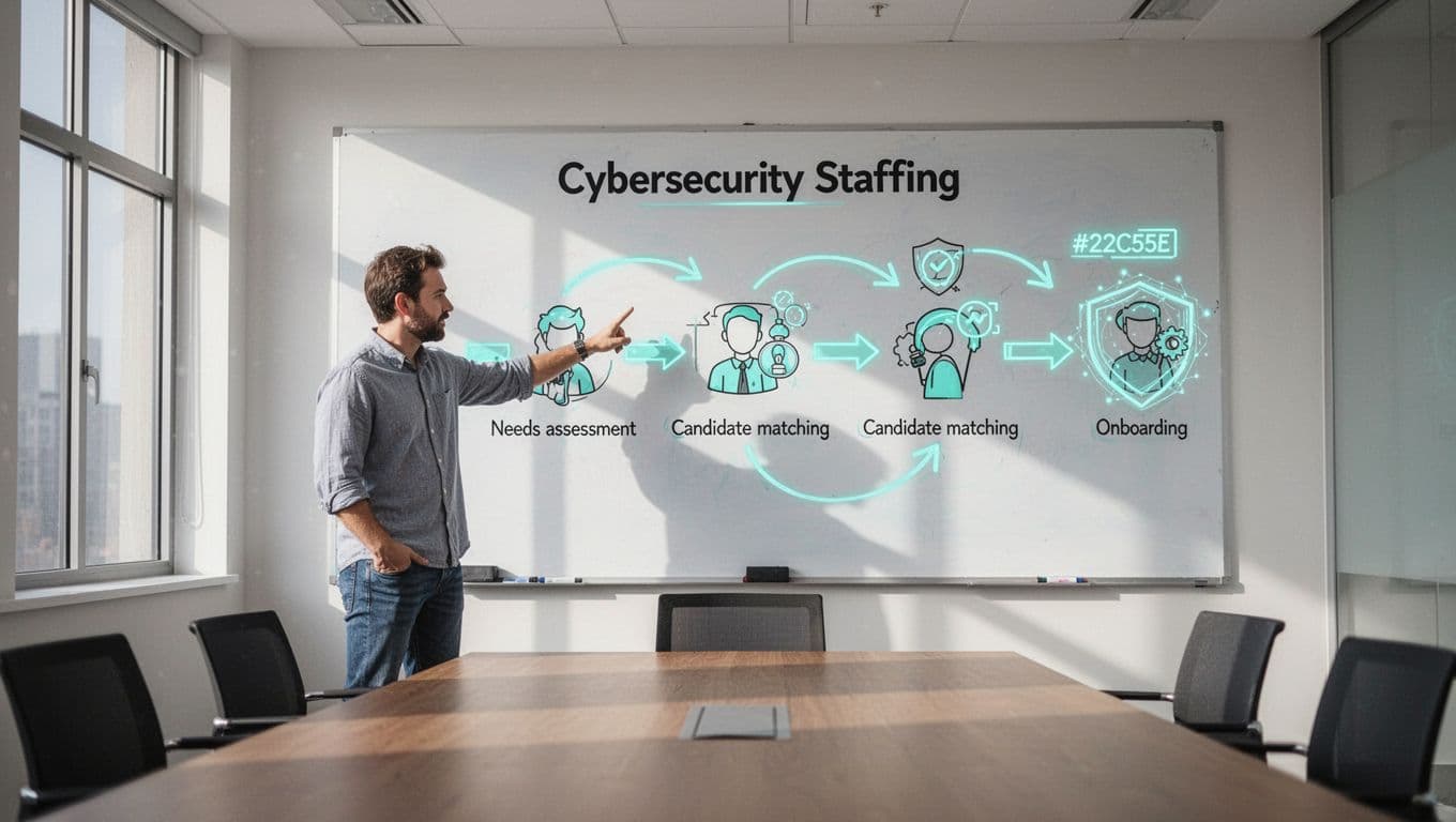 Modern illustration depicting the cybersecurity staffing process from needs assessment to onboarding, shown as connected icons on a conference room whiteboard with one recruiter pointing.