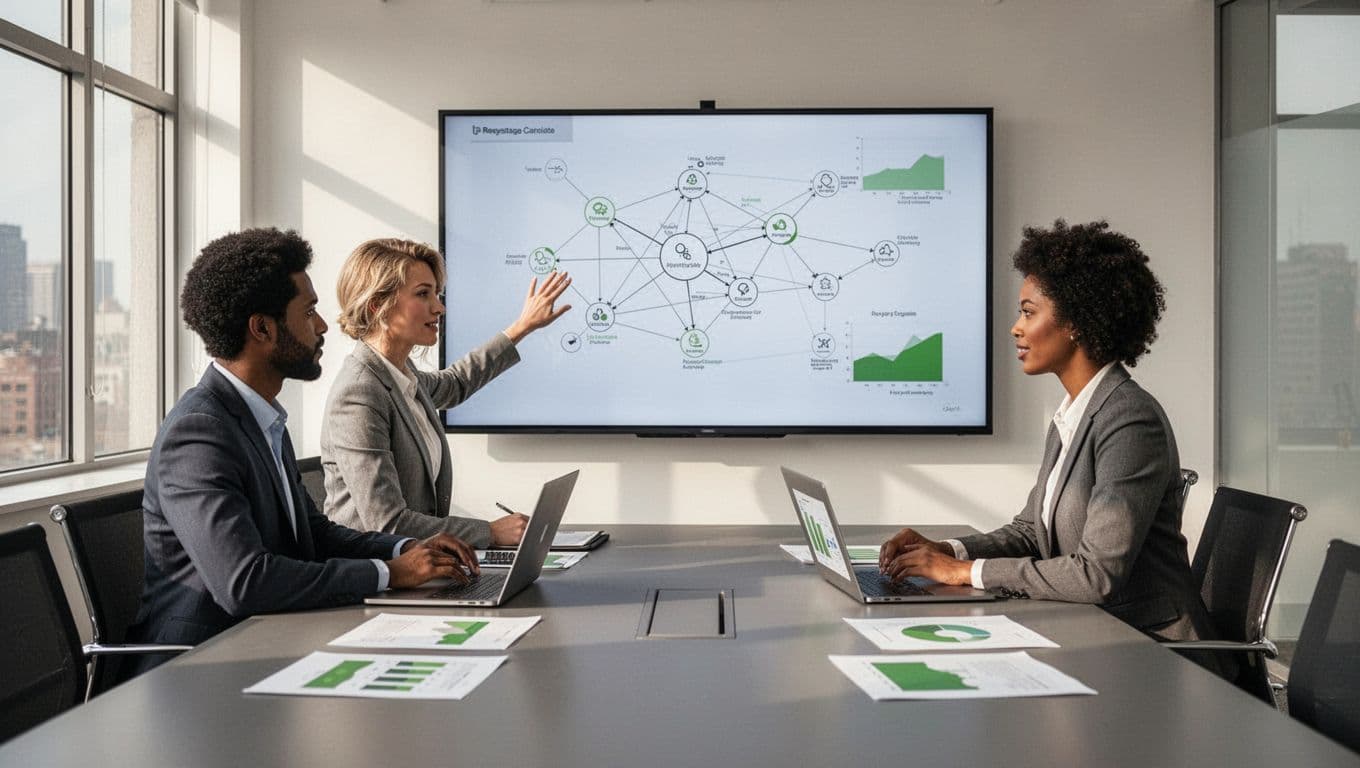 Modern illustration of three diverse business professionals in a conference room during a cybersecurity strategy session, using laptops and charts with network diagrams and threat icons. Focus on collaboration with one person pointing at a screen, featuring clean shapes, controlled colors with green accents, and natural lighting.