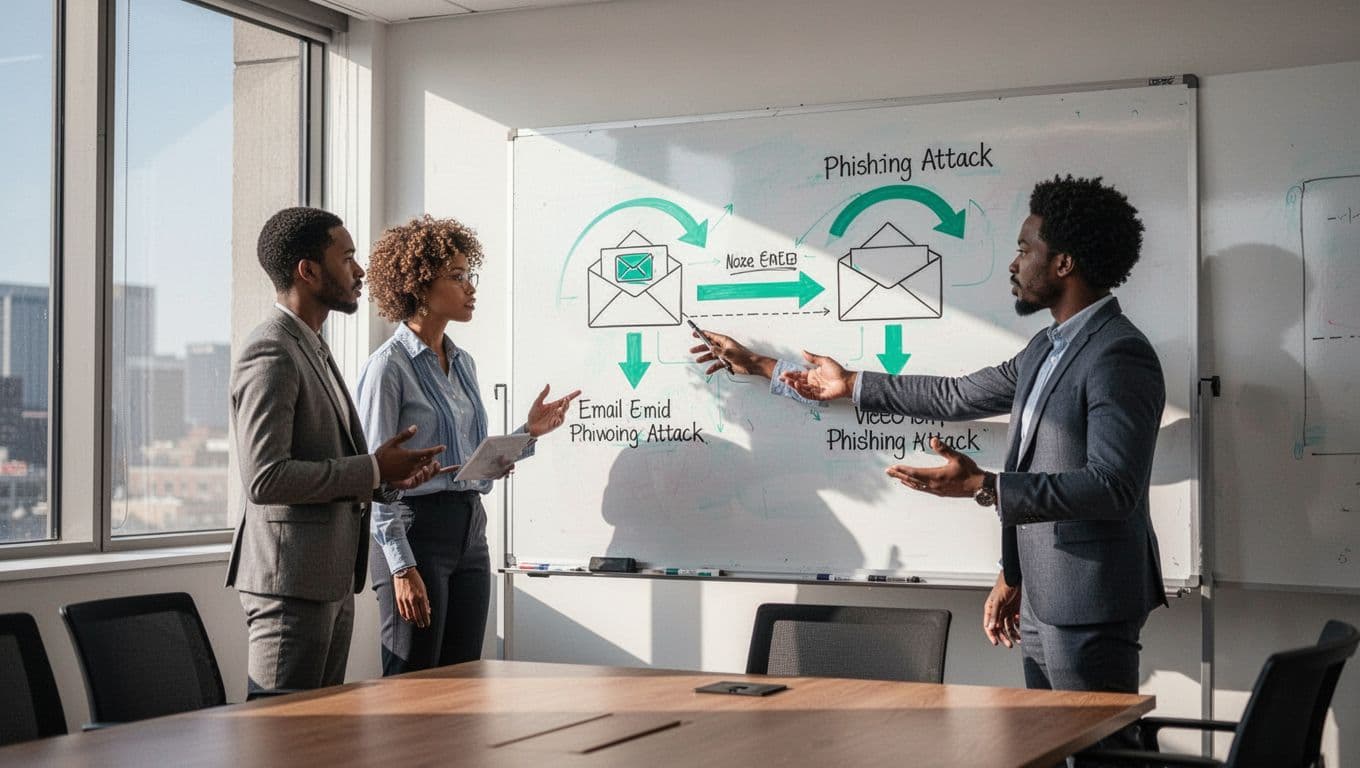 Modern illustration of a diverse cross-functional team in a conference room collaborating on a cybersecurity scenario, with one person pointing to an email phishing attack diagram on a whiteboard. Features clean shapes, controlled colors with green accents, side-angle composition, and natural lighting.