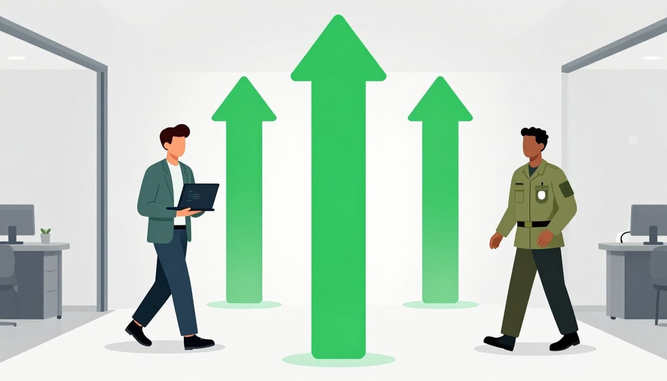 Modern illustration showing a software developer with laptop, network engineer with cables, and military veteran with badge stepping from adjacent paths into a wide cybersecurity talent pipeline entrance, guided by green arrows in a modern office hallway.