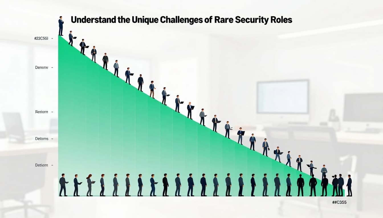 Modern illustration of a talent pipeline funnel for cybersecurity roles, featuring a wide base of general IT workers narrowing sharply to a tiny top with rare experts like detection engineers and cloud architects highlighted in green accent color against a neutral office background.