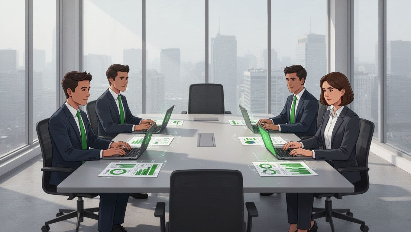 Modern illustration of cybersecurity professionals in a conference room around a table with laptops and charts, featuring a prominent empty chair at the head to symbolize the talent shortage.
