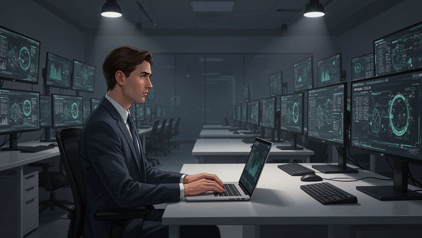 Modern illustration depicting empty desks in a high-tech security operations center, highlighting the 4.8 million cybersecurity job shortage, with one concerned hiring manager at a laptop.