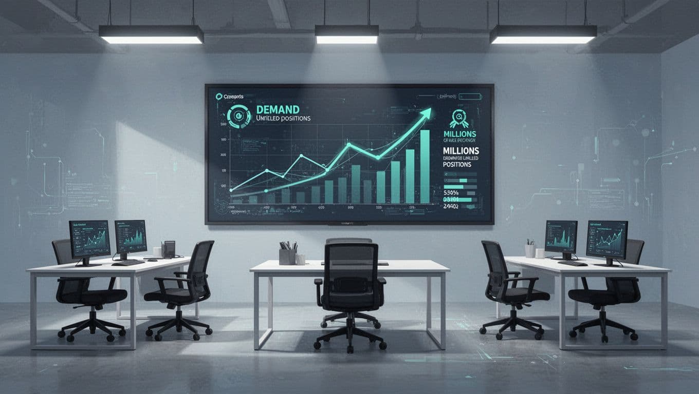 Modern illustration of a vacant cybersecurity office with five empty desks and chairs, featuring a large foreground dashboard screen showing abstract rising demand graphs and shortage stats icons like 4.8 million unfilled jobs.