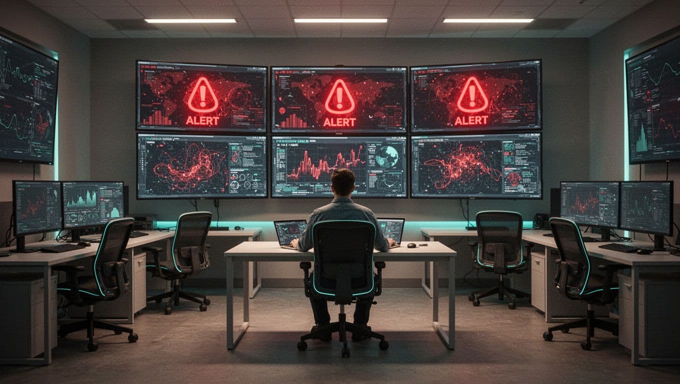 Modern illustration of a high-tech security operations center featuring five empty desks and chairs facing large screens with red alert icons, and one stressed IT manager sitting alone at a desk checking a laptop, emphasizing the severe talent shortage.