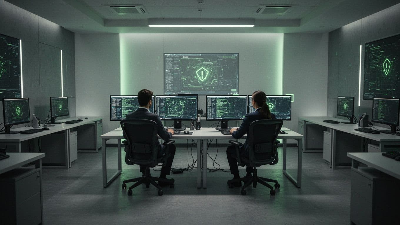 Modern illustration of a cybersecurity operations center with several empty desks amid busy analysts at computers, symbolizing the pentesting talent gap.