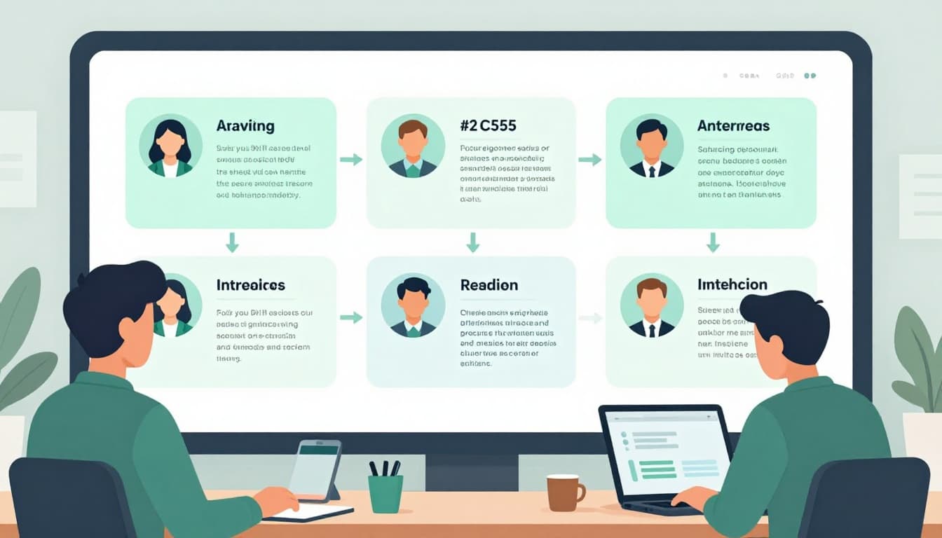 Modern illustration of a recruiter sourcing cybersecurity talent: searching databases for passive candidates, screening resumes, interviewing experts, and matching to job needs in a step-by-step flow on a digital dashboard.