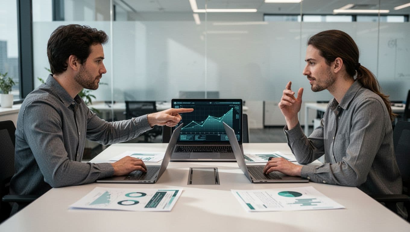 Two professionals at conference table with laptops and charts compare benchmarks; one points to screen graph, other nods.