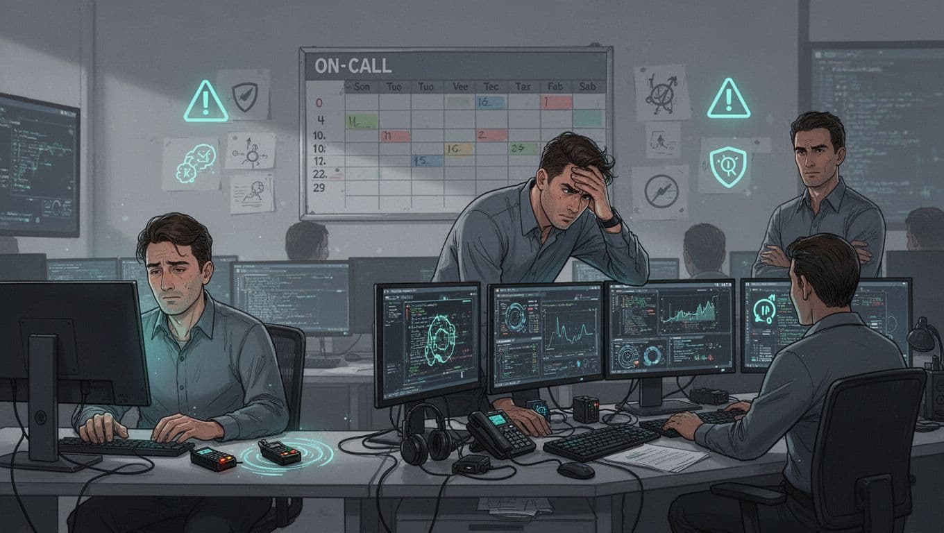 Modern illustration of a cybersecurity team facing burnout and retention issues, featuring a tired SOC analyst at buzzing monitors and a frustrated threat hunter with cluttered tools, against a background of on-call schedules and warning icons.
