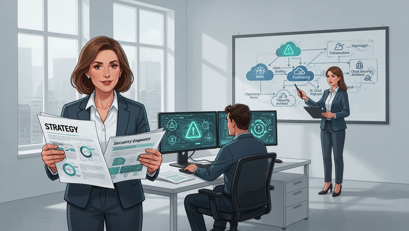 Modern illustration of three information security experts—a female CISO reviewing a report, male security engineer at dual monitors, and female cloud architect diagramming—in a bright office with cool palette and green accents.