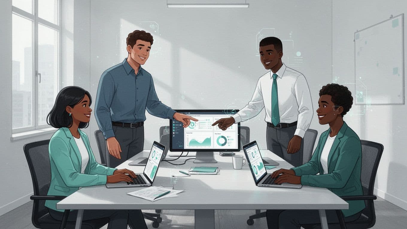 Four diverse cybersecurity professionals discuss shared dashboards on laptops around a conference table, two standing and two seated.