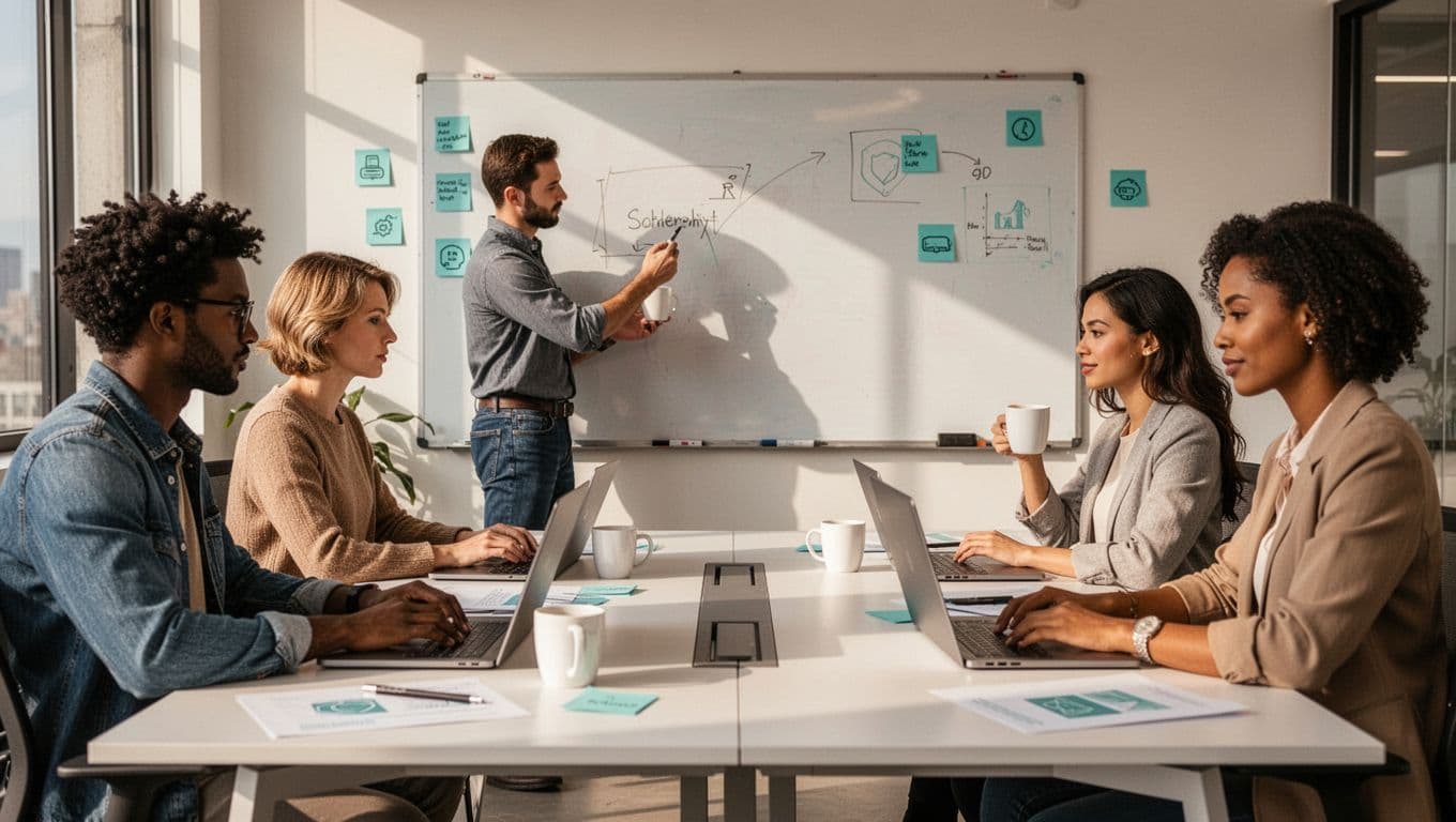 Four cybersecurity professionals relax around a table with laptops and coffee; one writes on whiteboard.