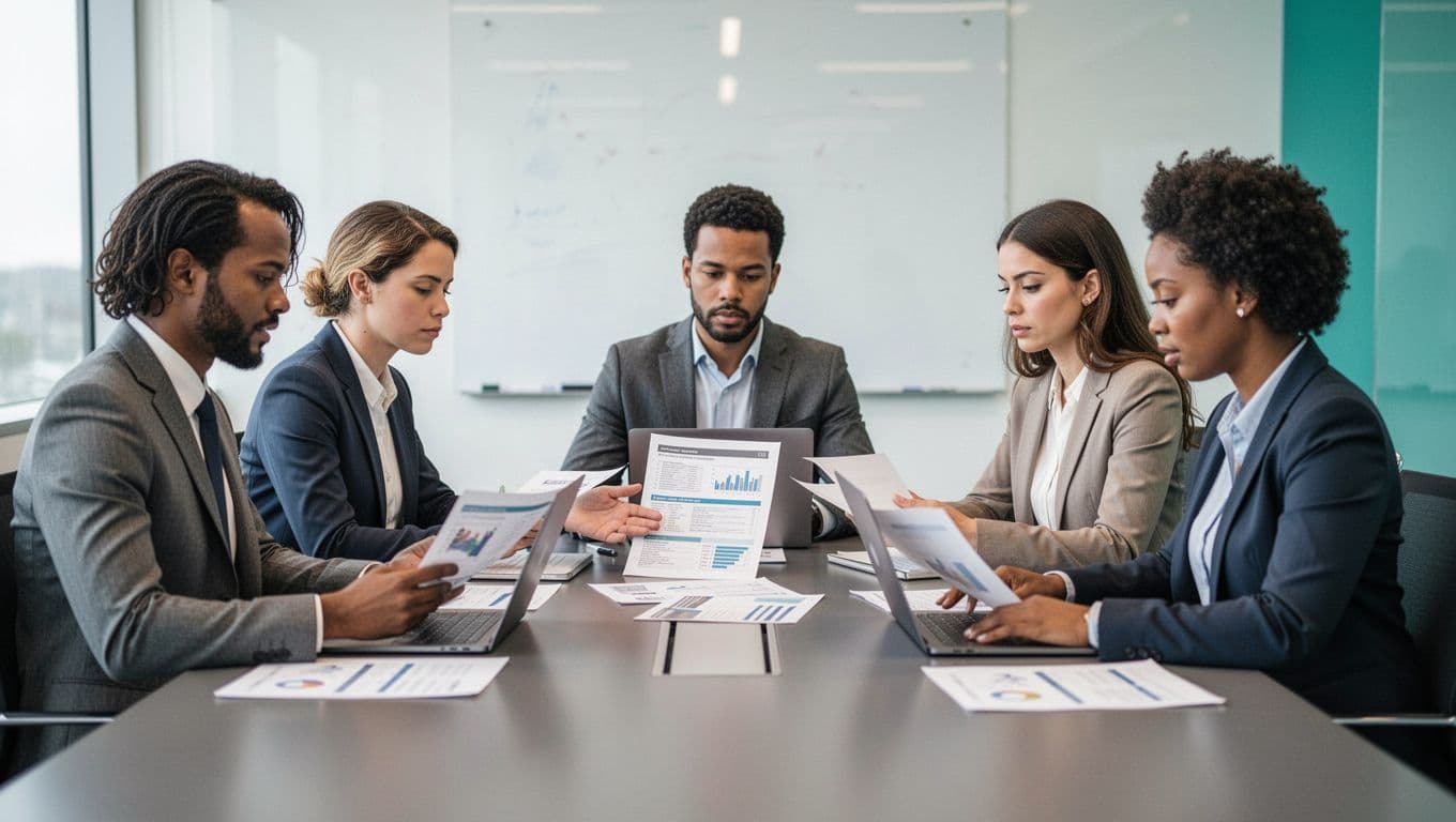 Diverse group of four professionals in a bright conference room, seated around a table reviewing cybersecurity risk documents and blurred laptops, with one gesturing to a printed report in a modern illustration style.
