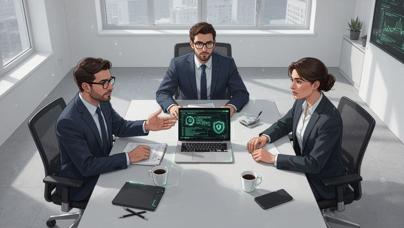 Modern flat illustration of three cybersecurity professionals around a conference table in a bright office, discussing a security incident on shared laptops with one pointing at the screen, featuring green accents and a collaborative atmosphere.
