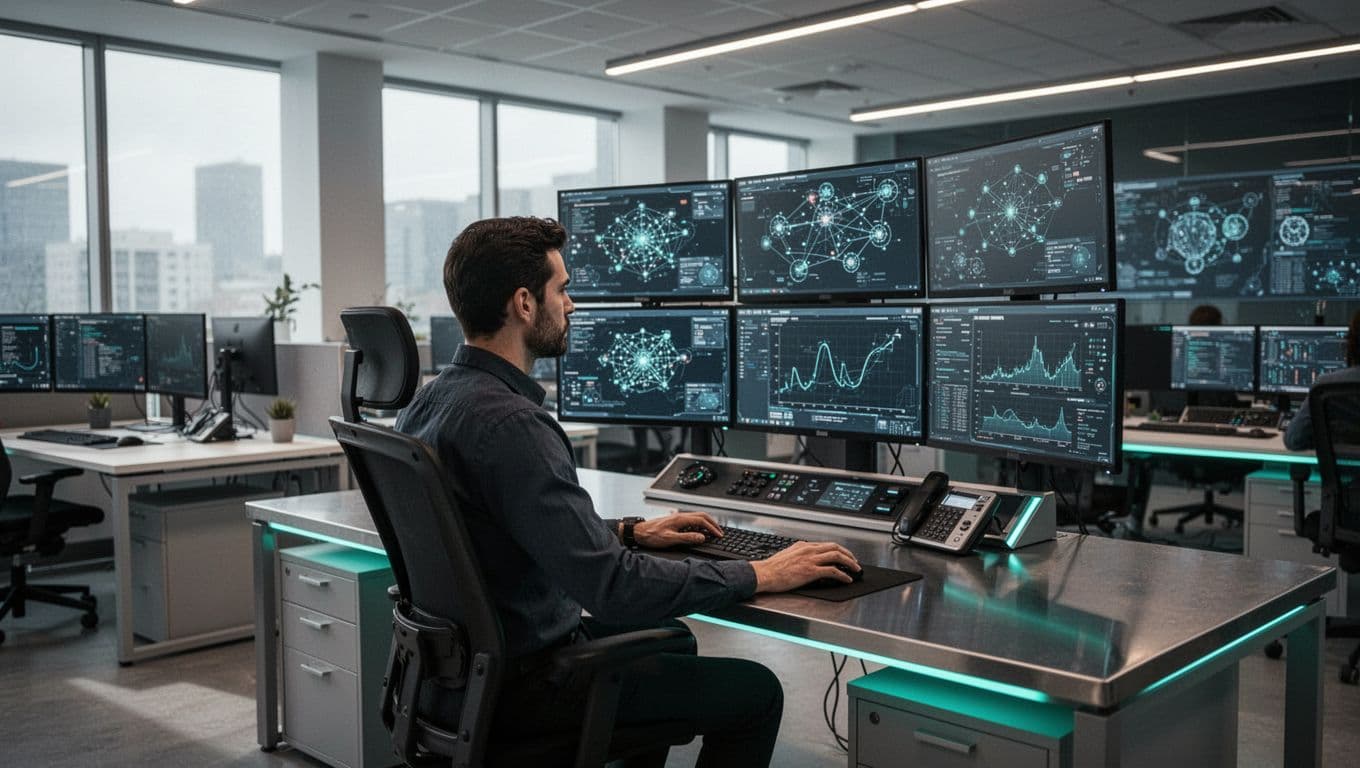 Illustration of a cybersecurity team in a modern control room, showing SOC analyst at monitors, security engineer at laptop, GRC specialist with charts, IAM professional, cloud security engineer, incident responder on phone, and security architect drawing diagram.