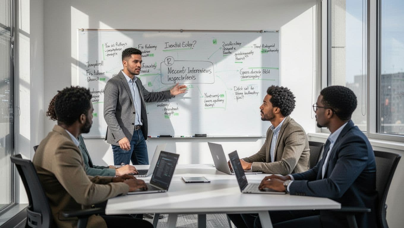 Four diverse cybersecurity professionals in conference room, one at whiteboard with notes, others at table with laptops.