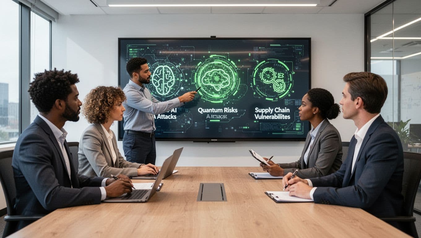 Three diverse cybersecurity professionals in a conference room discuss threats on a screen showing AI attack, quantum risk, and supply chain icons; one points, others note.