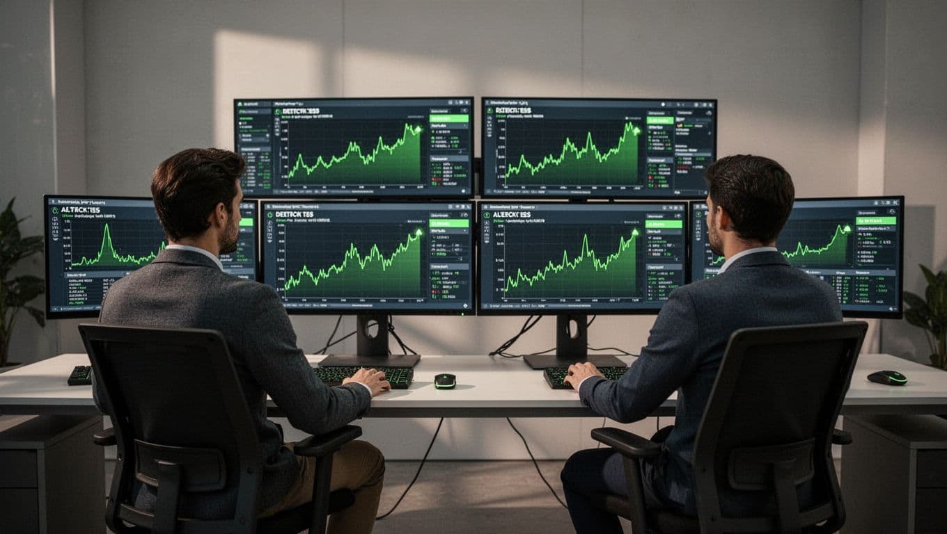 Two analysts at consoles in control room view screens with graphs showing rising detection alerts.