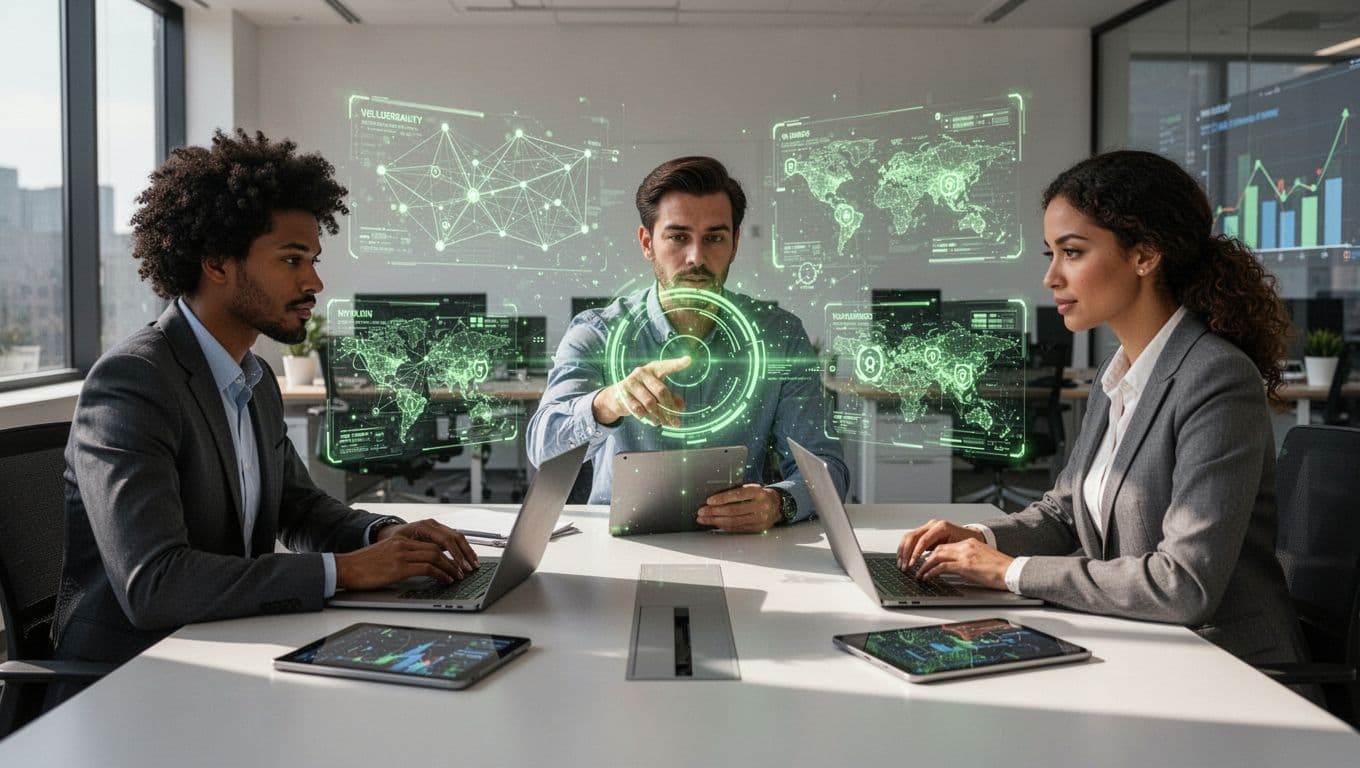 Modern illustration of three diverse cybersecurity professionals collaborating around a table in a finance office, with holographic secure network diagrams and threat maps in green accents; one points to a key vulnerability using laptops and tablet.