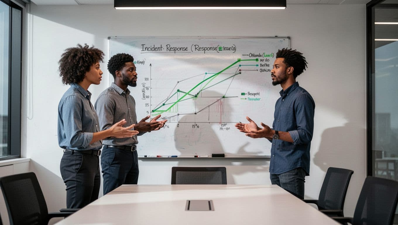 Modern illustration of a diverse group of three cybersecurity professionals in a meeting room, focused on discussing an incident response chart on a whiteboard, with clean shapes, office setting, and soft overhead lighting.