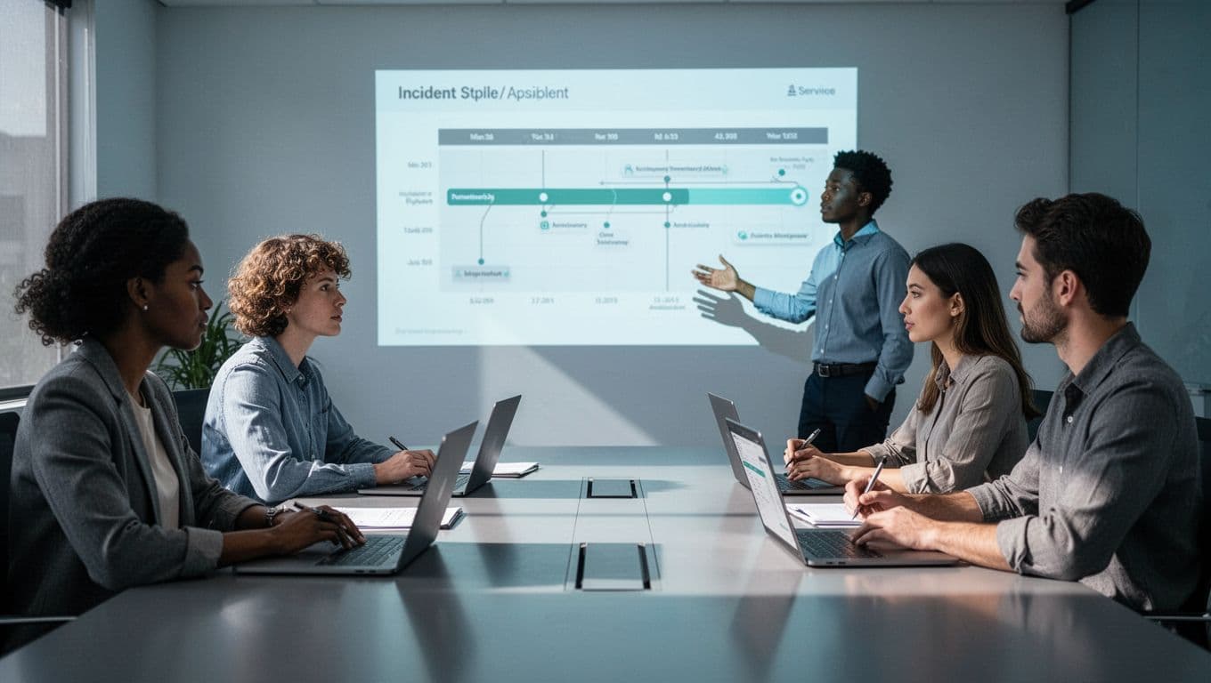 Five diverse cybersecurity professionals sit around a table in a modern conference room, one gesturing to a projected incident chart while others listen and take notes.