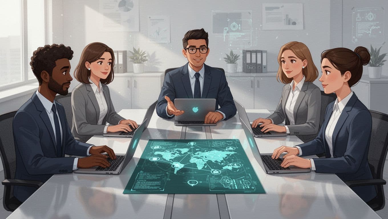 Modern illustration of a diverse cybersecurity team of four people collaborating around a table with laptops and strategy maps, one leader facilitating in a professional setting with clean shapes and soft lighting.