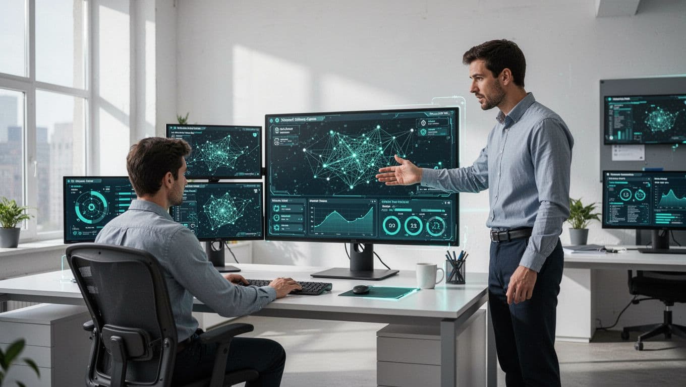 Modern illustration of two cybersecurity professionals in a bright office, one seated at a desk viewing network graphs and security dashboards on multiple screens, the other standing and pointing at the main screen, using clean shapes and a controlled color palette.