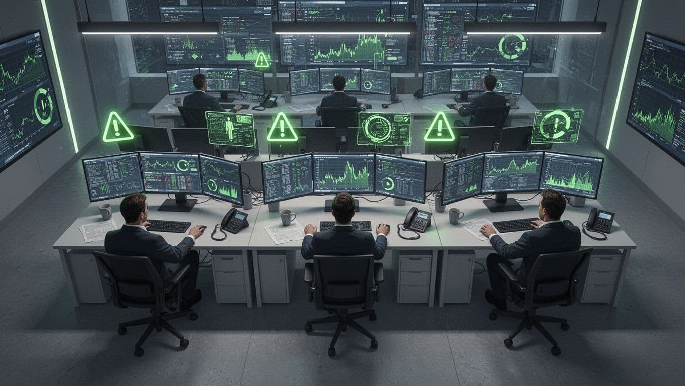 Modern illustration of a diverse team of three cybersecurity analysts seated at desks in a high-tech operations center, analyzing threat data on multiple monitors with clean shapes, cool palette, and #22C55E accents on glowing icons and graphs.