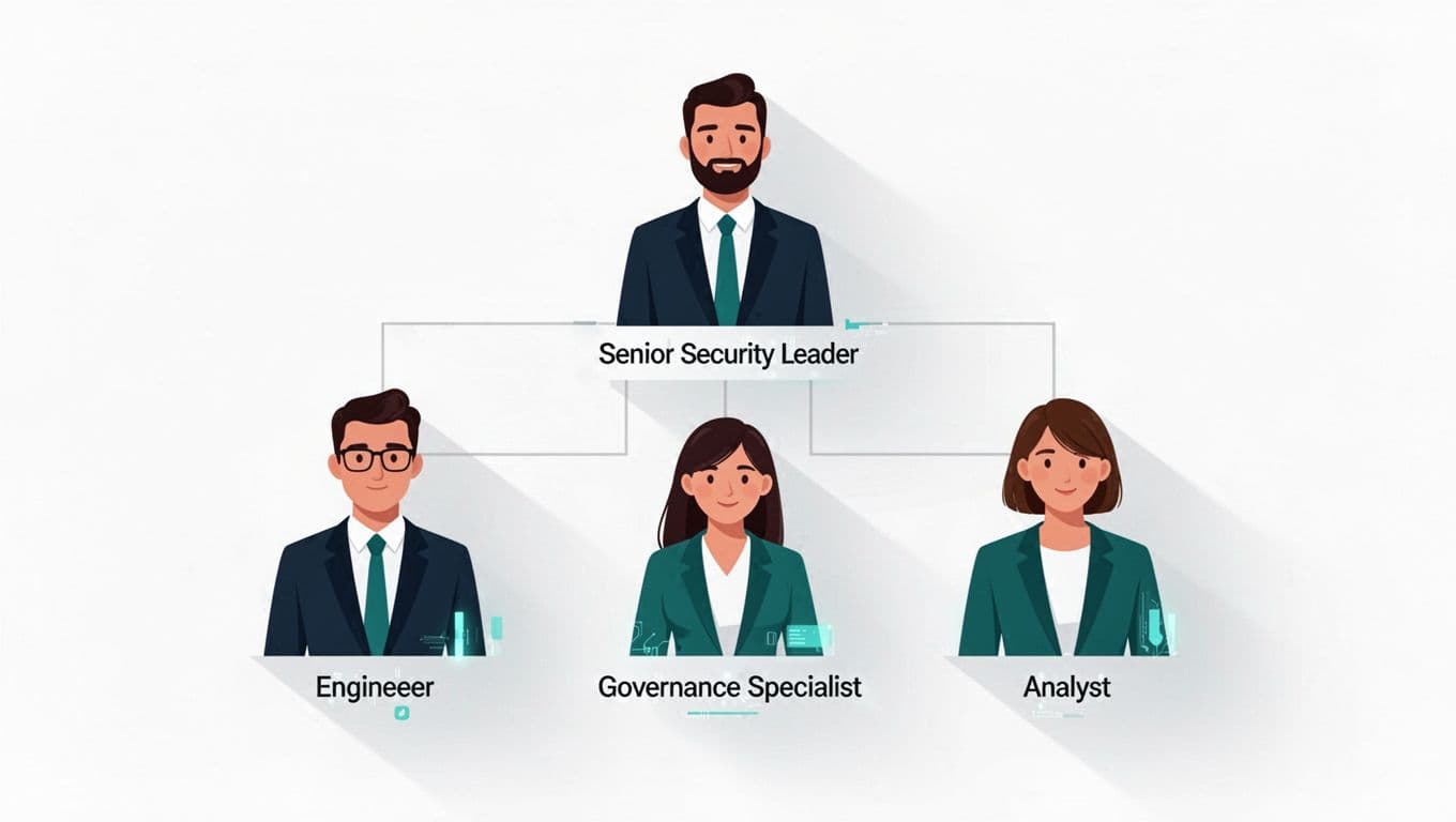 Org chart illustration with security leader at top and three figures below—engineer, GRC specialist, analyst—connected by lines on white background.