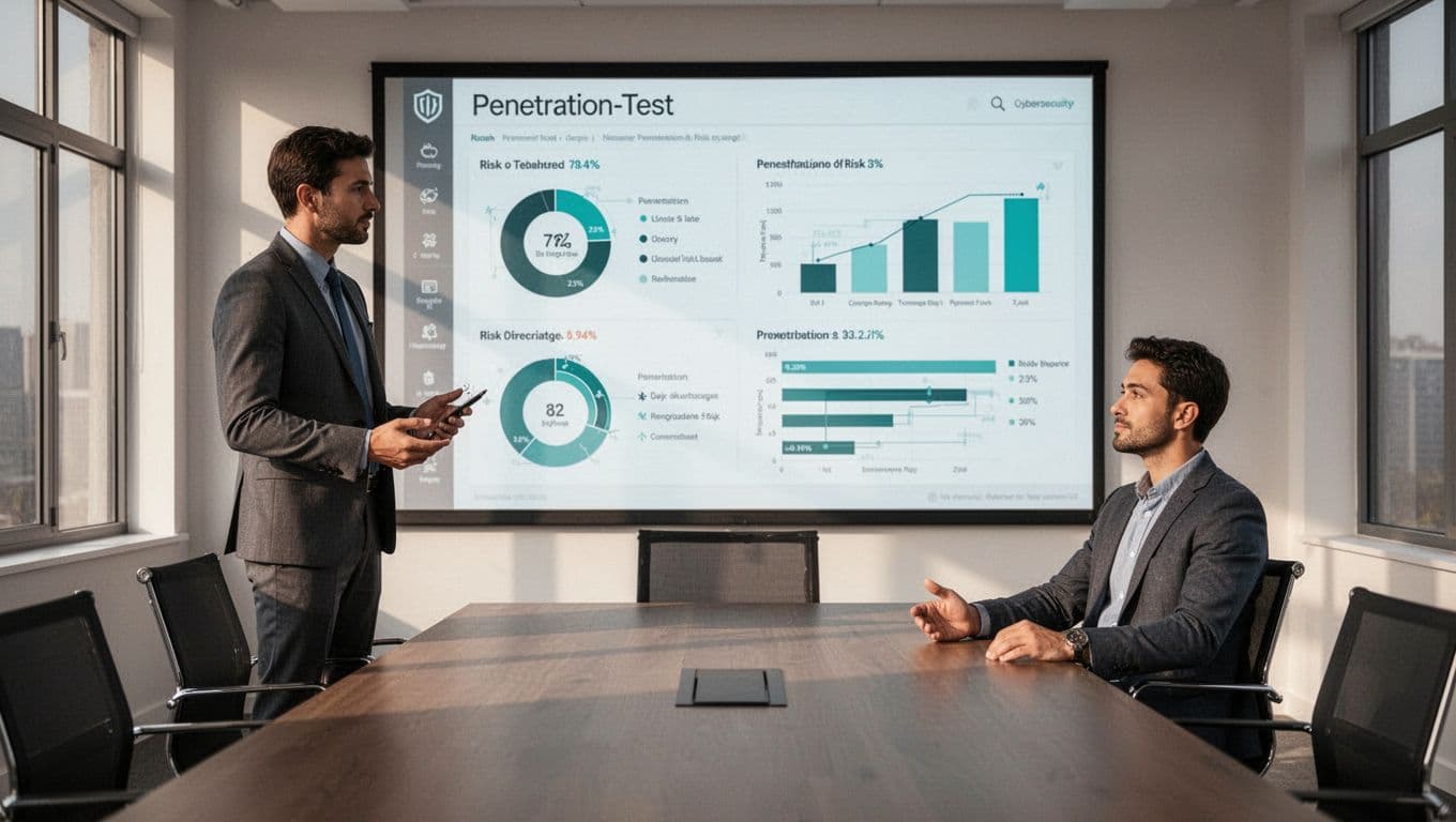 A team of three cybersecurity experts in a modern conference room reviews a penetration test report on a large screen displaying charts and risk metrics, with relaxed poses in natural daylight and clean illustration style featuring green accents.