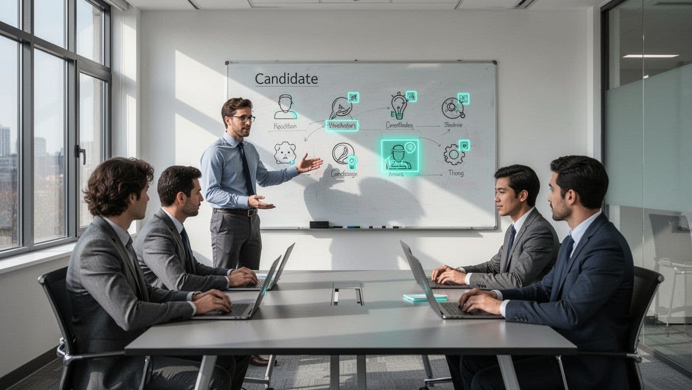 Modern illustration of exactly four cybersecurity professionals in a conference room during a post-interview debrief; one stands pointing at a whiteboard with candidate icons and scores, others seated with laptops using clean shapes and green accents.