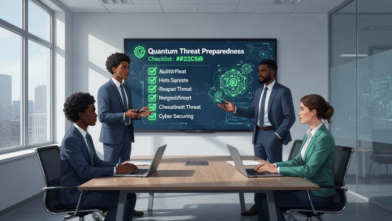 Diverse team of four cybersecurity professionals reviews quantum threat checklist on shared screen in conference room.
