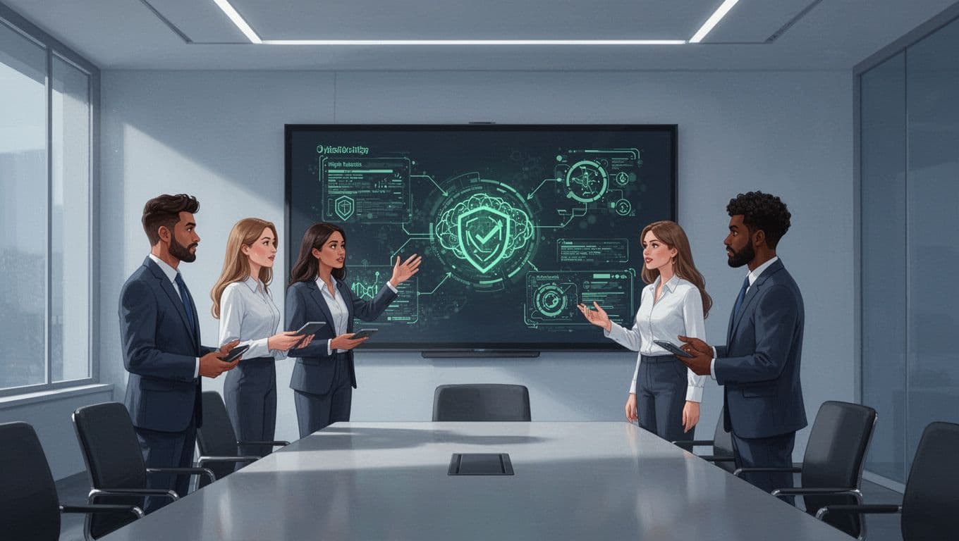 Four diverse professionals in a conference room collaborate on a security control ownership map on a large screen; one woman points while others discuss.
