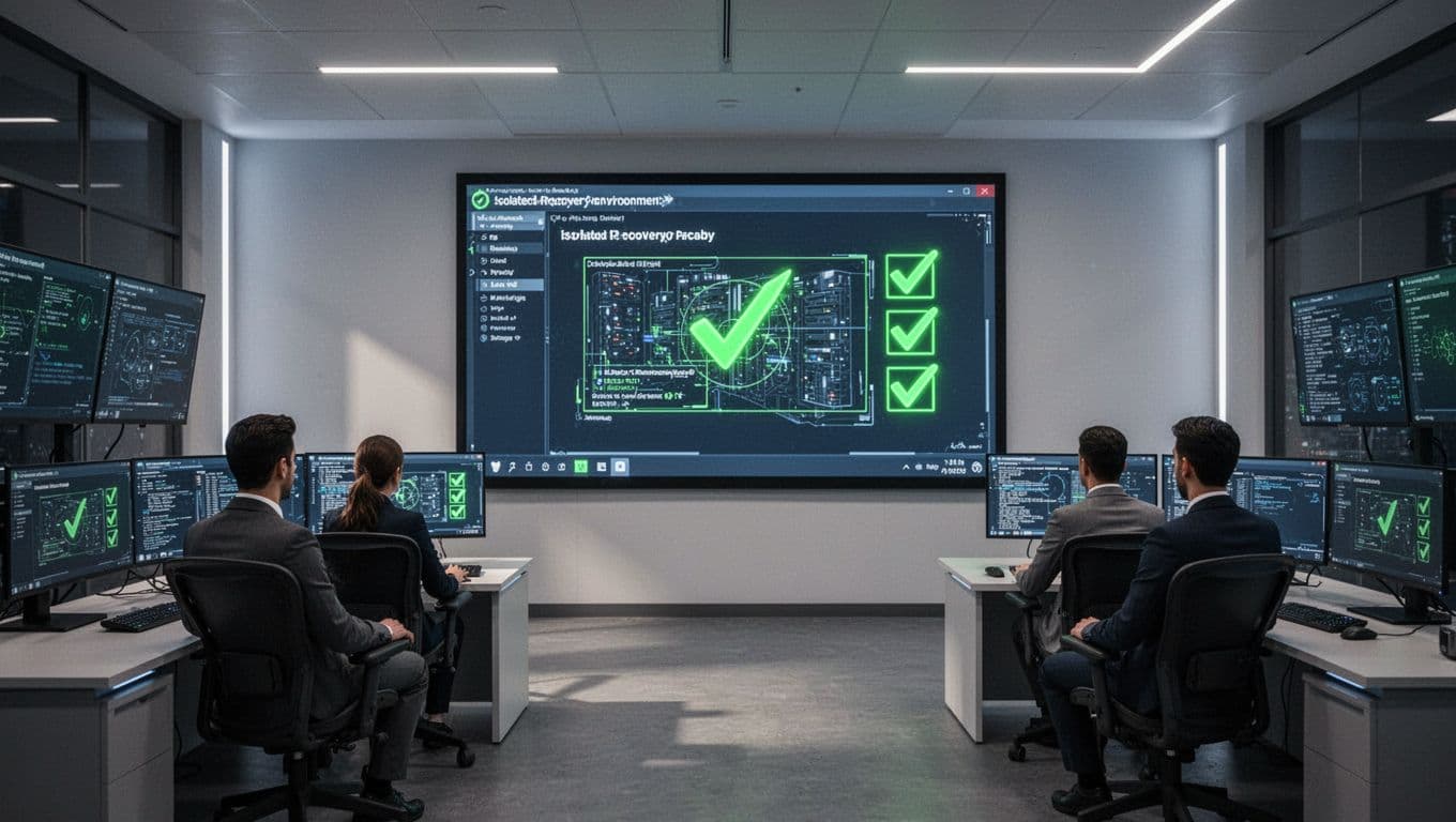 Three professionals in operations center review backup recovery on screen with green checkmarks.