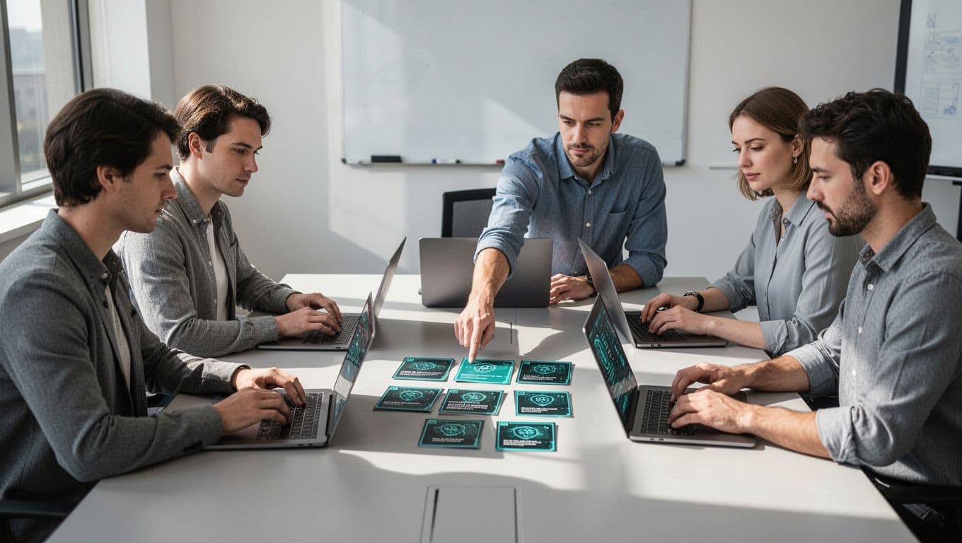 Four people around a table in a bright meeting room use laptops and scenario cards for a ransomware tabletop exercise.