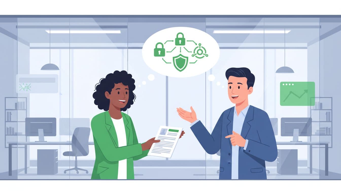 Two diverse cybersecurity professionals in modern office, one hands resume to the other in excited discussion with green security icons.