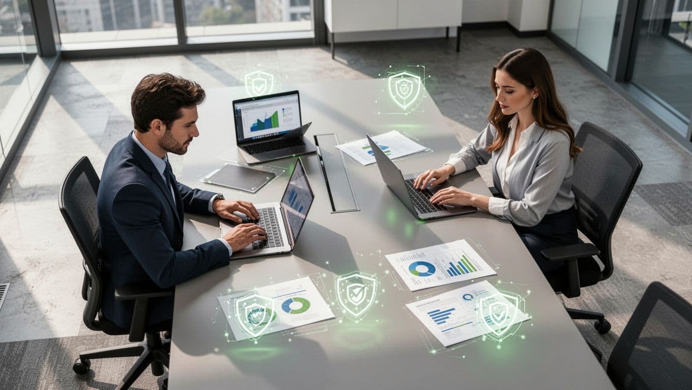 Modern illustration of a small team of two cybersecurity professionals—one man and one woman—in a modern office, seated at a conference table reviewing penetration test reports on laptops and papers, with charts and vulnerability icons, clean shapes, green accents, overhead angle, natural lighting.