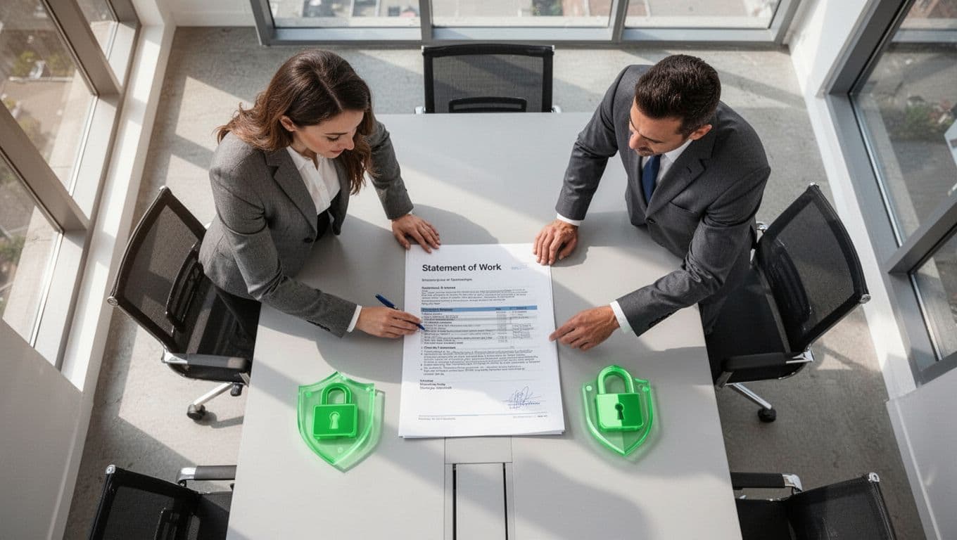 Modern illustration of two professionals examining a cybersecurity statement of work document on a conference table, featuring clean shapes, green-accented security icons, top-down view, and natural lighting.