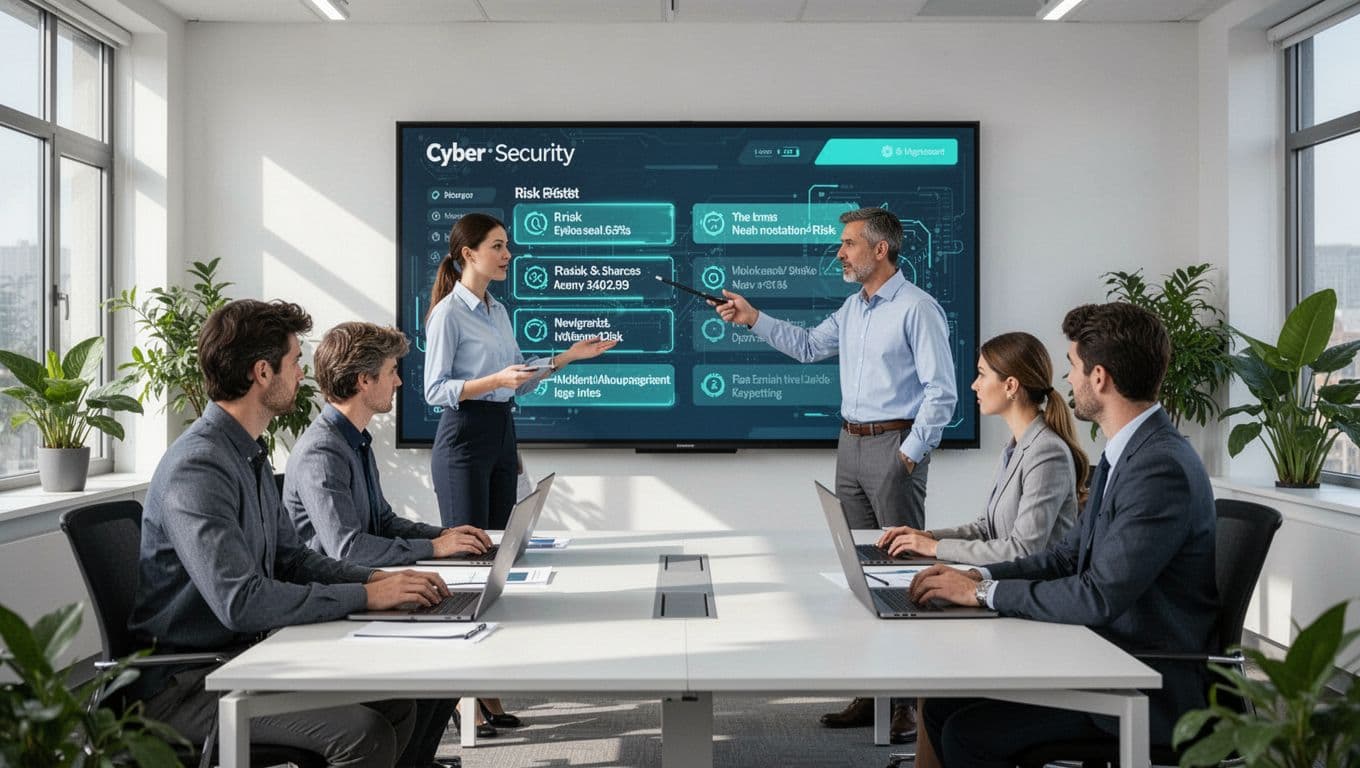 Modern illustration of a cybersecurity team of three in a conference room, with a lead consultant pointing at key risks on a large dashboard screen while two members take notes on laptops, in a clean office with plants and natural lighting.